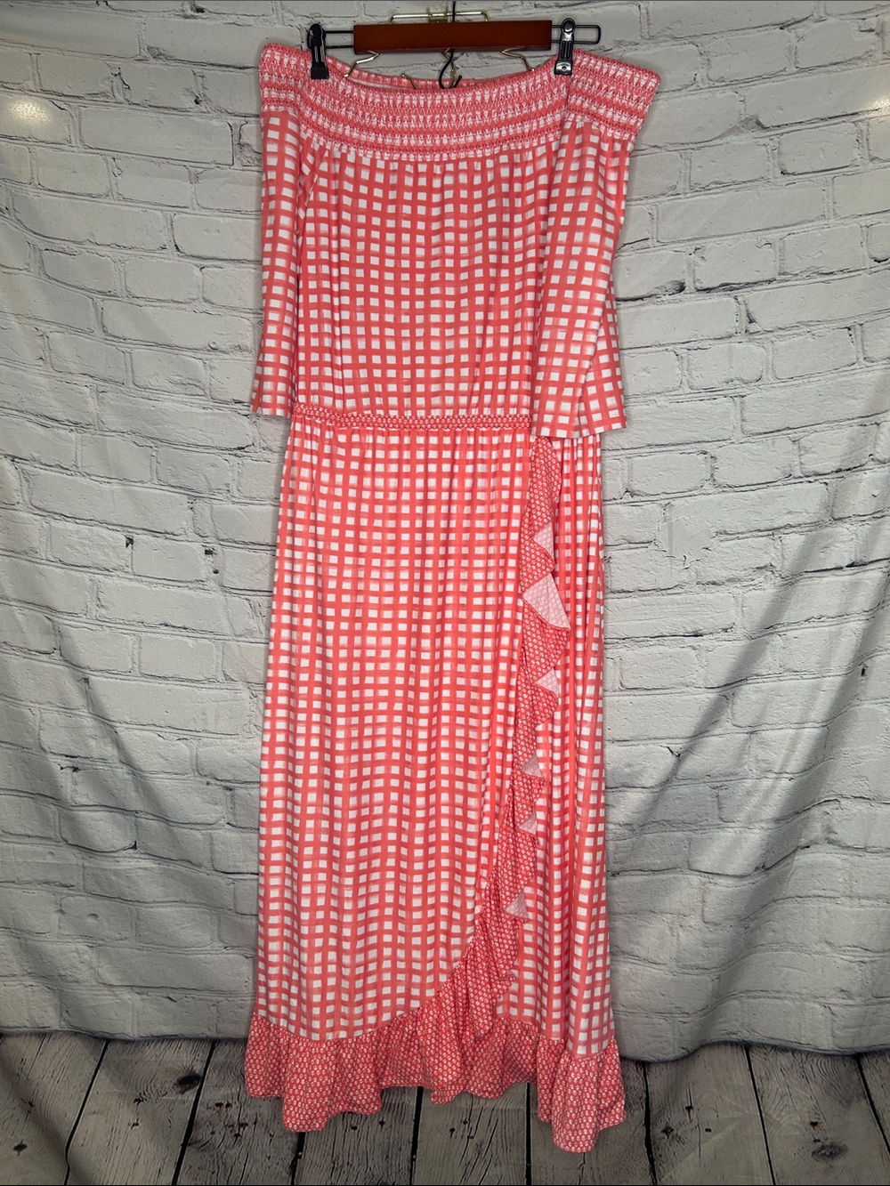 Cabana Life Nantucket Ruffle Coral & White Gingham Off-Shoulder Maxi Dress New